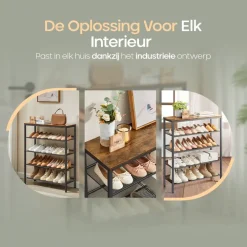 Kledingopbergers-O'DADDY Schoenenrek 5-Laags - Industrieel Design - Bruin Hout/Zwart Metaal