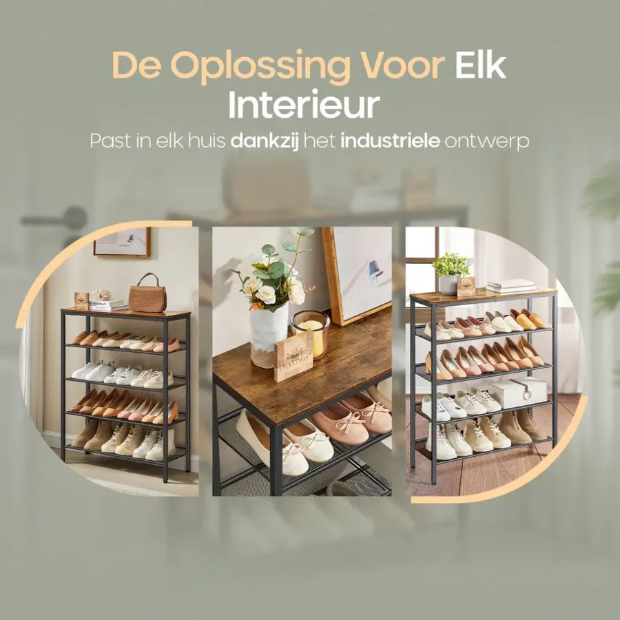 Kledingopbergers-O'DADDY Schoenenrek 5-Laags - Industrieel Design - Bruin Hout/Zwart Metaal