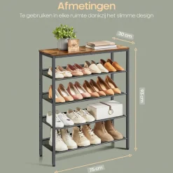 Kledingopbergers-O'DADDY Schoenenrek 5-Laags - Industrieel Design - Bruin Hout/Zwart Metaal