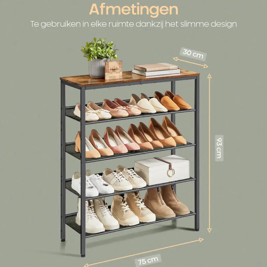 Kledingopbergers-O'DADDY Schoenenrek 5-Laags - Industrieel Design - Bruin Hout/Zwart Metaal