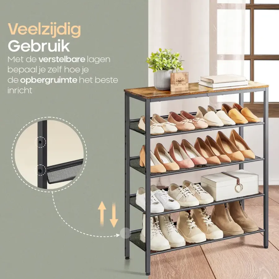 Kledingopbergers-O'DADDY Schoenenrek 5-Laags - Industrieel Design - Bruin Hout/Zwart Metaal