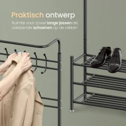 Kapstokken-O'DADDY Staande Kapstok met Schoenenrek - Zwart Metaal