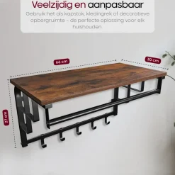 Kapstokken-O'DADDY Wandkapstok met 5 Haken - 66x30x27 cm - Hangend - Bruin