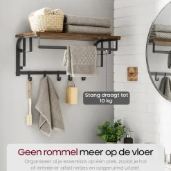 Kapstokken-O'DADDY Wandkapstok met 5 Haken - 66x30x27 cm - Hangend - Bruin