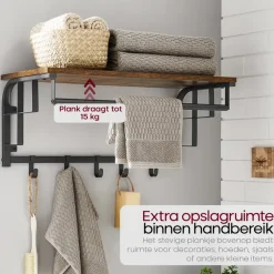 Kapstokken-O'DADDY Wandkapstok met 5 Haken - 66x30x27 cm - Hangend - Bruin
