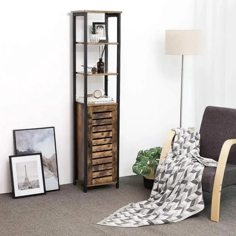 Wandkasten-Parya Home Opbergkast - Staande smalle kast - 3 Open Planken Rustiek Bruin