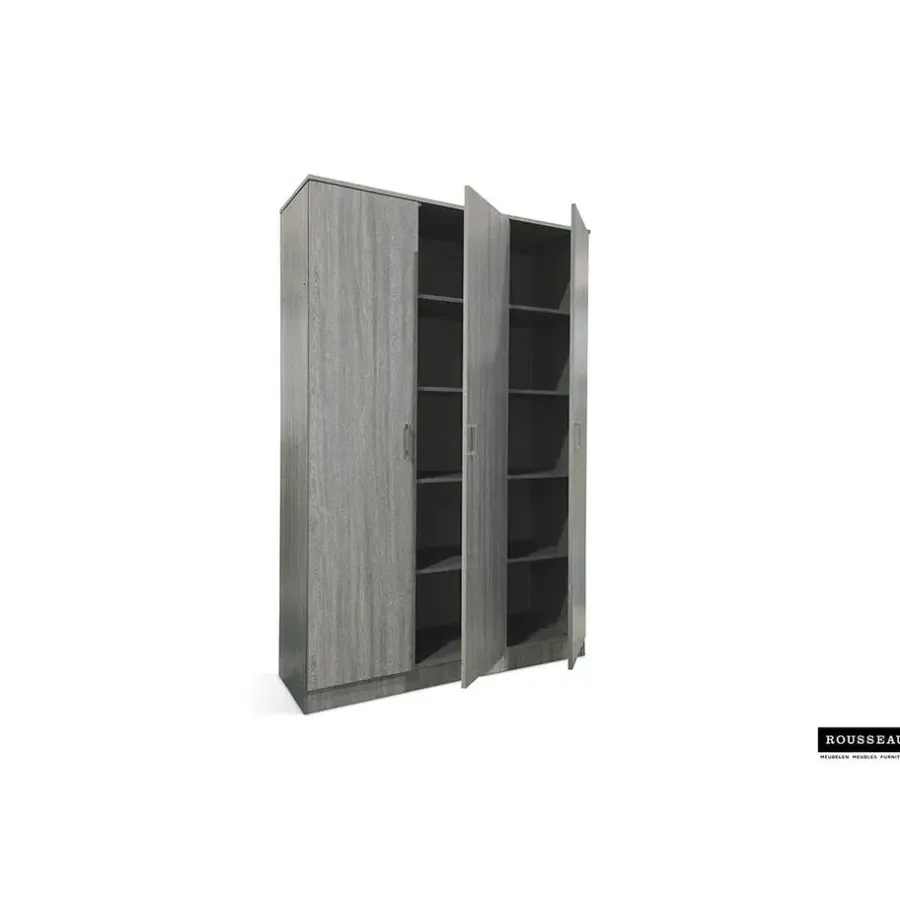 Rousseau Opbergkast Ray 120cm met 3 deuren en 4 legplanken - grijze eik