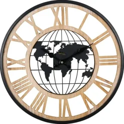 Merkloos Ostaria Wandklok/muur klok - Wereldbol - D40 cm - MDF - naturel