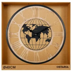 Merkloos Ostaria Wandklok/muur klok - Wereldbol - D40 cm - MDF - naturel