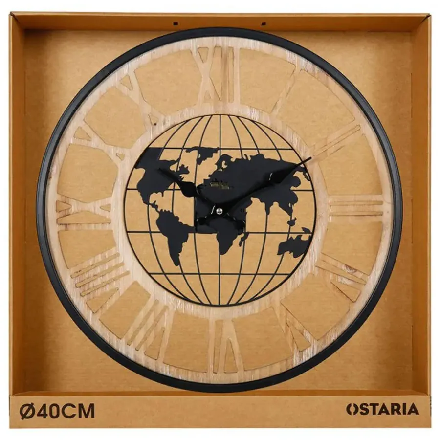 Merkloos Ostaria Wandklok/muur klok - Wereldbol - D40 cm - MDF - naturel