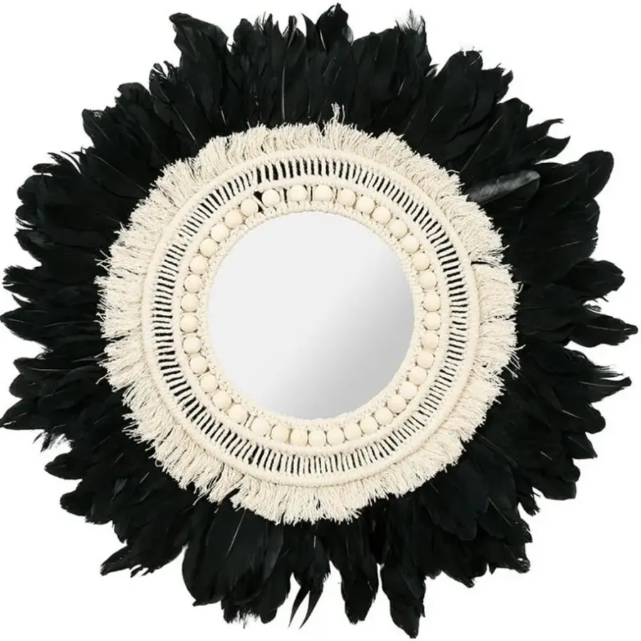 Merkloos Ostaria Wandspiegel bohemian Veren - zwart/wit - rond - Dia 57 cm