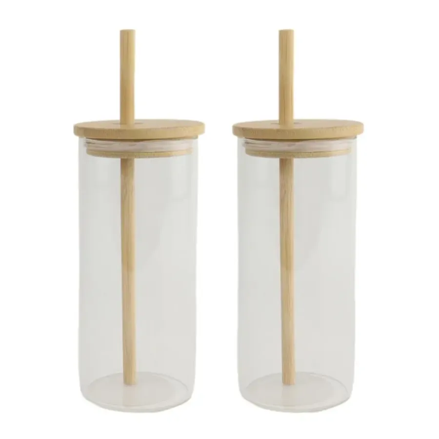 Waterglazen-OTIX Drinkglazen met Bamboo Deksel met Rietje 2 Stuks 400 ml Waterglazen