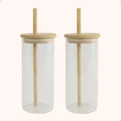 Waterglazen-OTIX Drinkglazen met Bamboo Deksel met Rietje 2 Stuks 400 ml Waterglazen