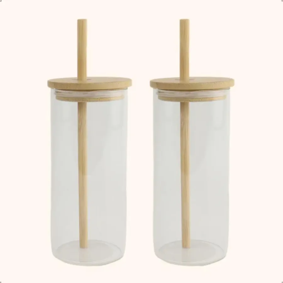Waterglazen-OTIX Drinkglazen met Bamboo Deksel met Rietje 2 Stuks 400 ml Waterglazen