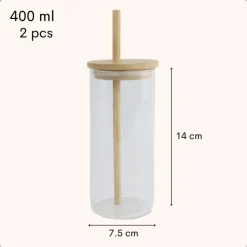 Waterglazen-OTIX Drinkglazen met Bamboo Deksel met Rietje 2 Stuks 400 ml Waterglazen