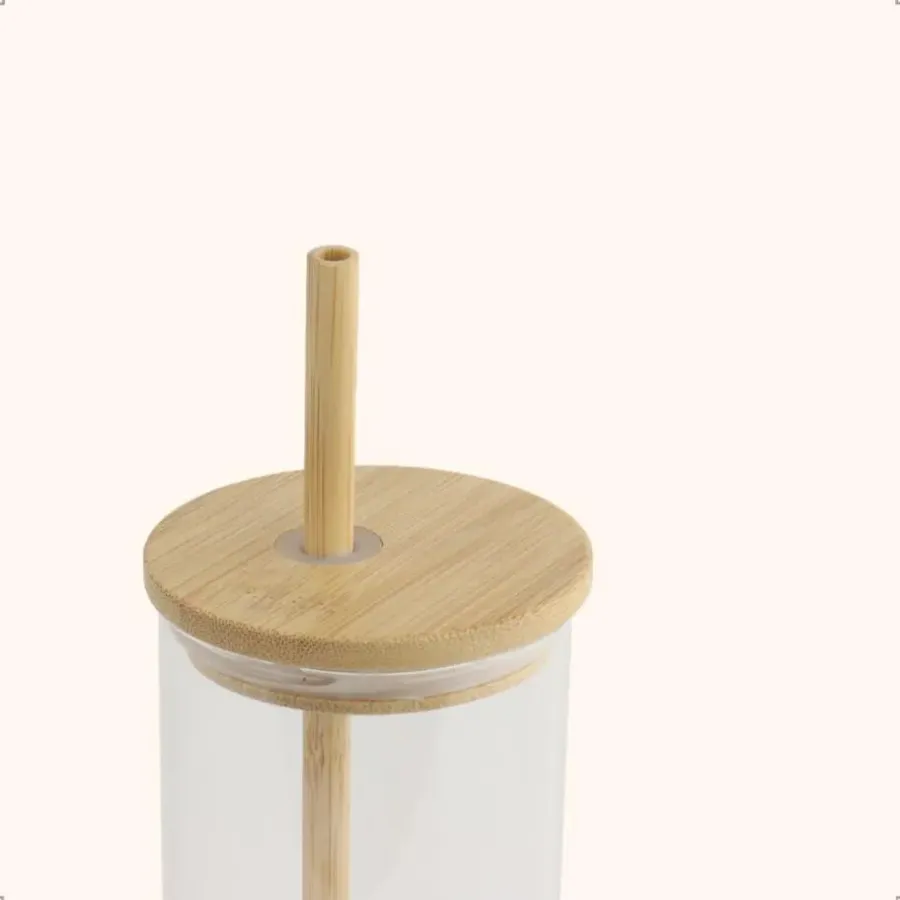 Waterglazen-OTIX Drinkglazen met Bamboo Deksel met Rietje 2 Stuks 400 ml Waterglazen