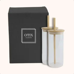 Waterglazen-OTIX Drinkglazen met Bamboo Deksel met Rietje 2 Stuks 400 ml Waterglazen