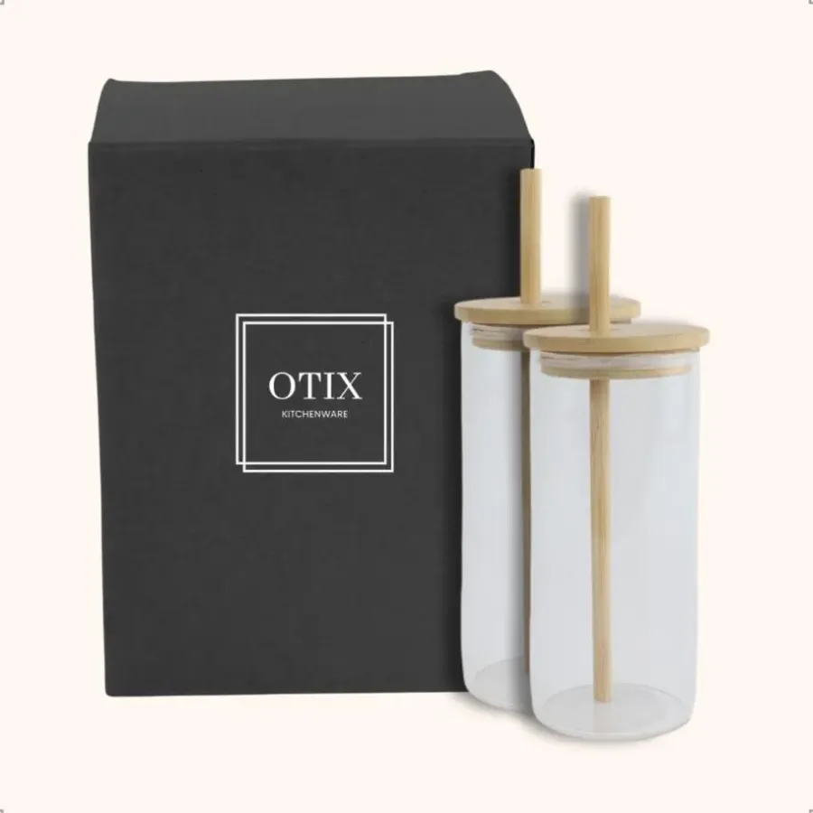 Waterglazen-OTIX Drinkglazen met Bamboo Deksel met Rietje 2 Stuks 400 ml Waterglazen