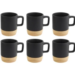 Koffieglazen-OTIX Espresso Kopjes Zwart Set van 6 120ml met Bamboe Onderzetter