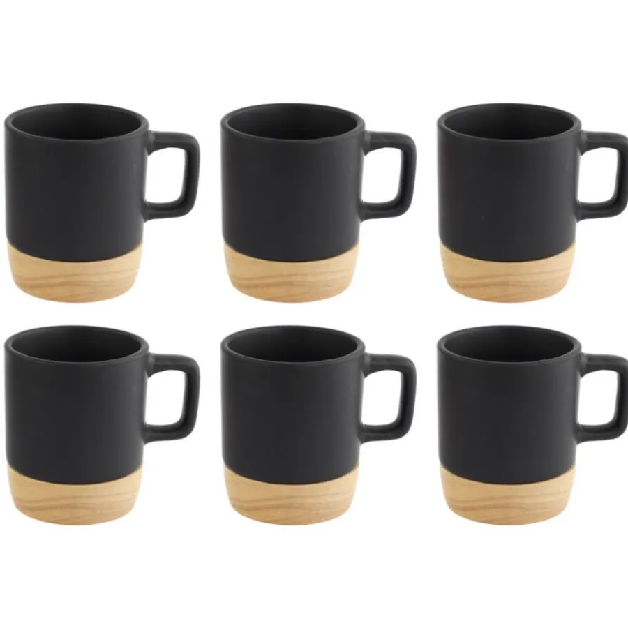 Koffieglazen-OTIX Espresso Kopjes Zwart Set van 6 120ml met Bamboe Onderzetter