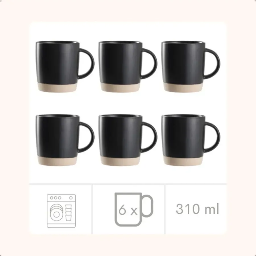 OTIX Koffiekopjes Theemokken Koffietassen Set van 6 Zwart 310 ml Aardewerk