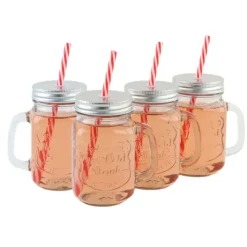 Kopjes, Mokken En Bekers-OTIX Mason jar Drinkbeker met Rietje Set van 4 Zilvere dop 450 ml
