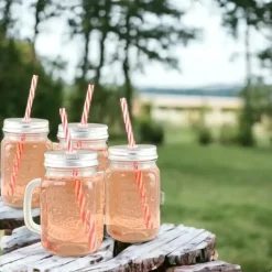 Kopjes, Mokken En Bekers-OTIX Mason jar Drinkbeker met Rietje Set van 4 Zilvere dop 450 ml