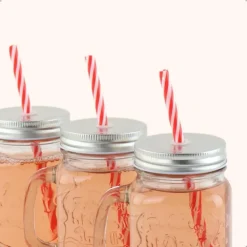 Kopjes, Mokken En Bekers-OTIX Mason jar Drinkbeker met Rietje Set van 4 Zilvere dop 450 ml