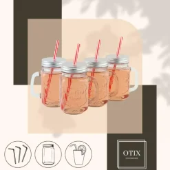 Kopjes, Mokken En Bekers-OTIX Mason jar Drinkbeker met Rietje Set van 4 Zilvere dop 450 ml