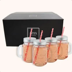 Kopjes, Mokken En Bekers-OTIX Mason jar Drinkbeker met Rietje Set van 4 Zilvere dop 450 ml