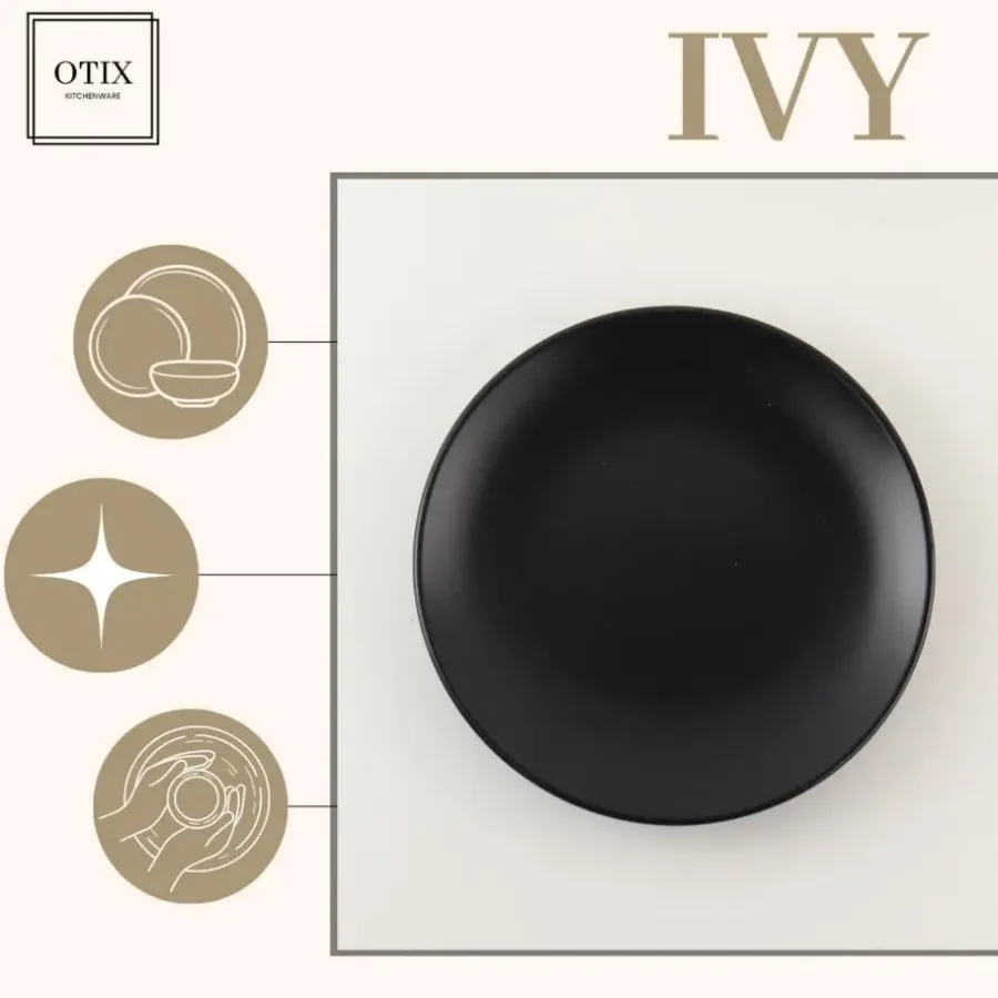 OTIX Ontbijtborden Bordenset van 12 Stuks 21cm Zwart Aardewerk IVY