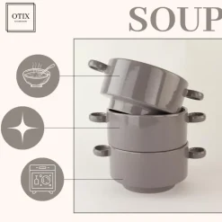 OTIX Soepkommen met Oor 6 stuks Grijs Soeptassen 510ml Aardewerk