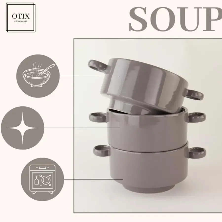 OTIX Soepkommen met Oor 6 stuks Grijs Soeptassen 510ml Aardewerk