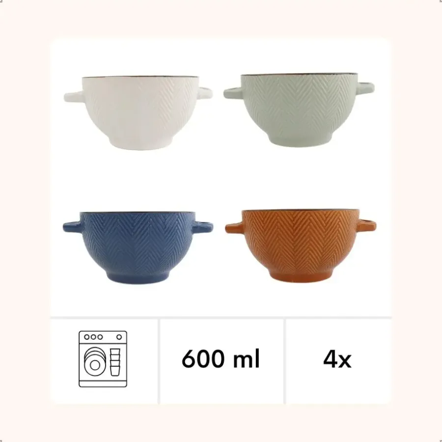 Borden-OTIX Soepkommen met Oor Set van 4 Verschillende kleuren Soeptassen Aardewerk