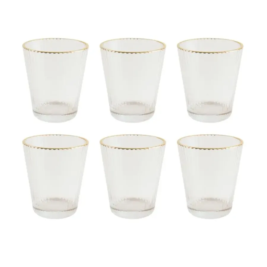 OTIX Waterglazen Set van 6 Stapelbaar 350 ml Met gouden rand Reliëf Ribbel