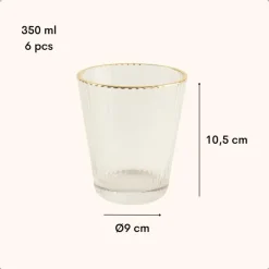 OTIX Waterglazen Set van 6 Stapelbaar 350 ml Met gouden rand Reliëf Ribbel