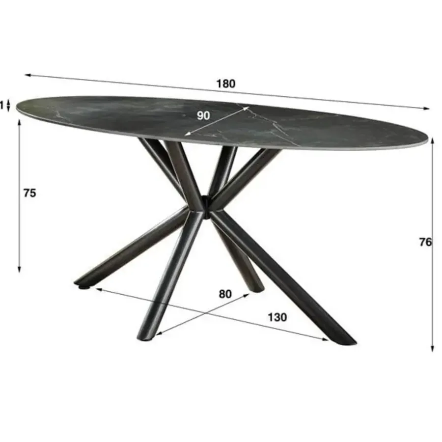 Industriële Eettafels|Ovale Eettafels-Dimehouse Ovale eettafel zwart Sophie industrieel 180x90 cm - Keramiek - Zwart