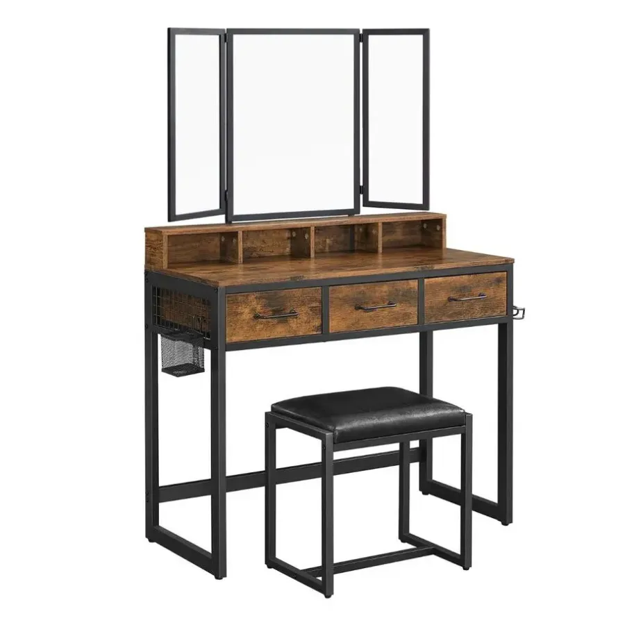 Parya Home Vintage Kaptafel met 3-delige met klapspiegel