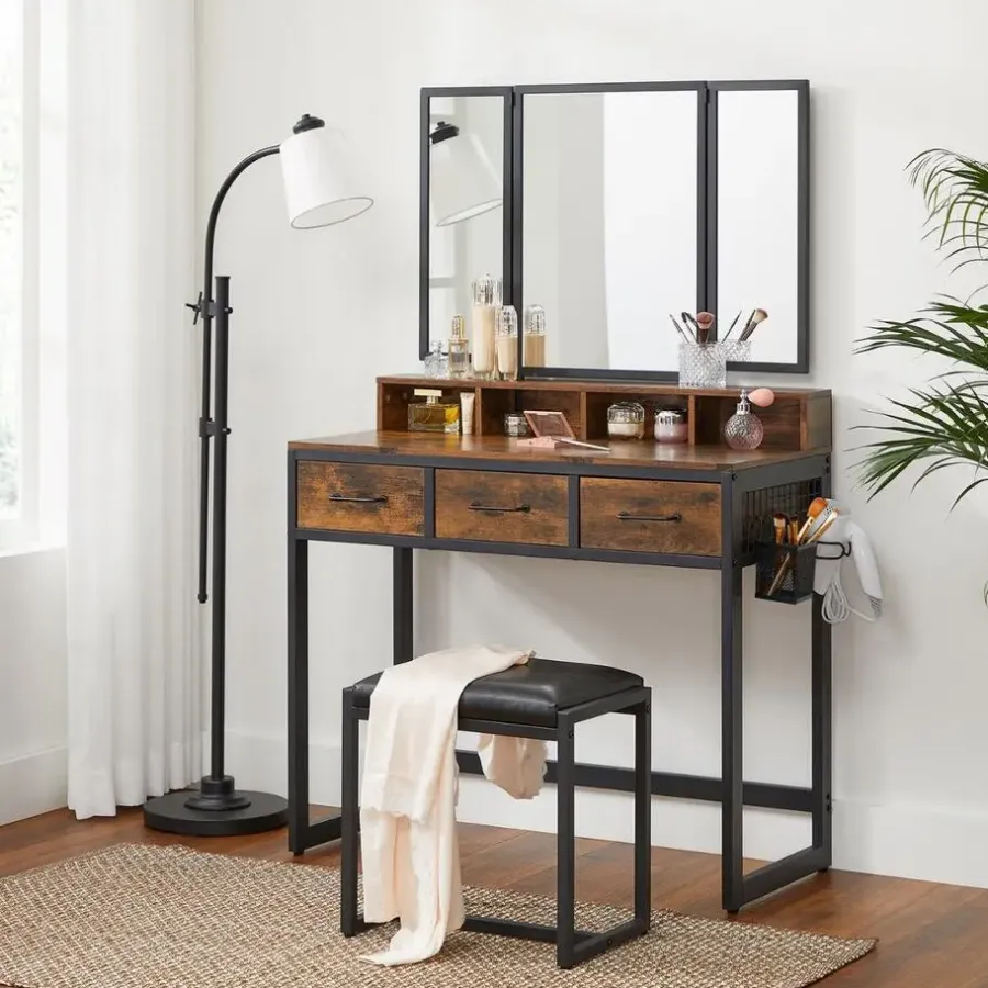 Parya Home Vintage Kaptafel met 3-delige met klapspiegel