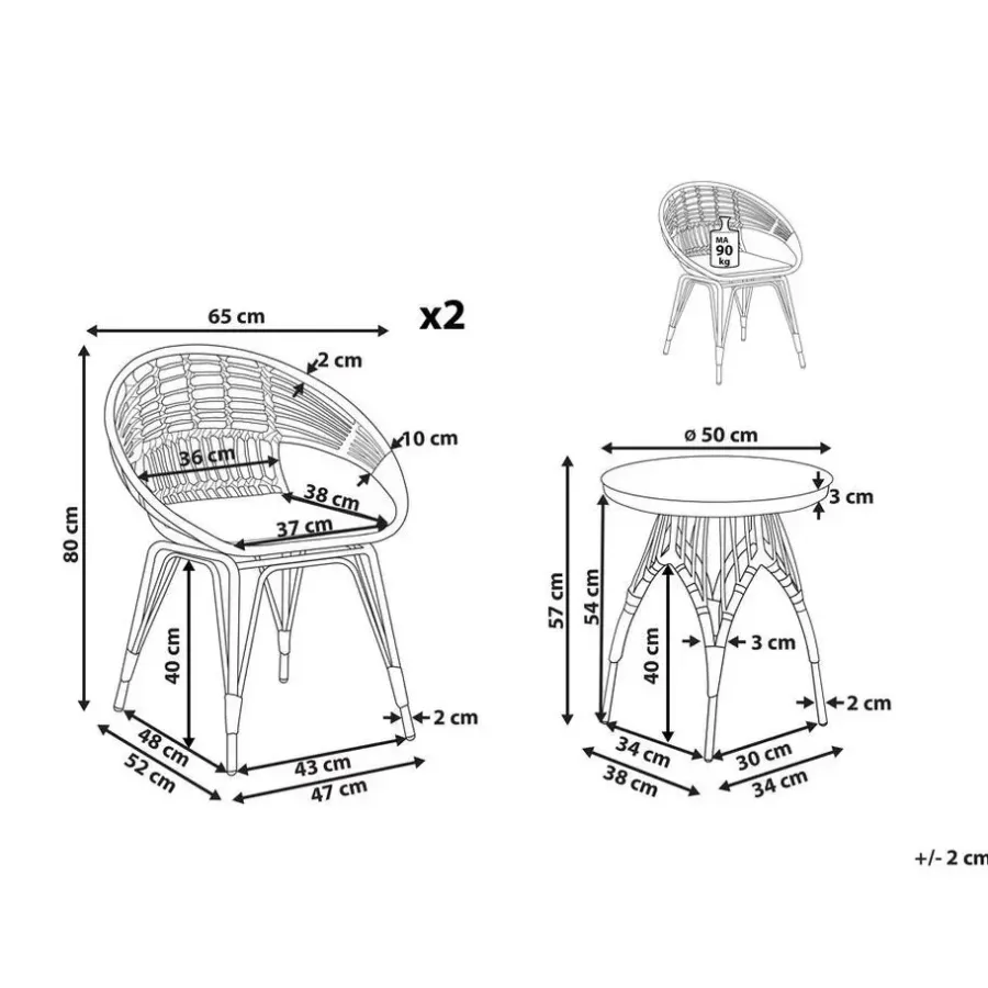 Bistro- & Balkonsets-Beliani PELLARO - Bistroset voor 2 - Natuurlijk - PE rotan