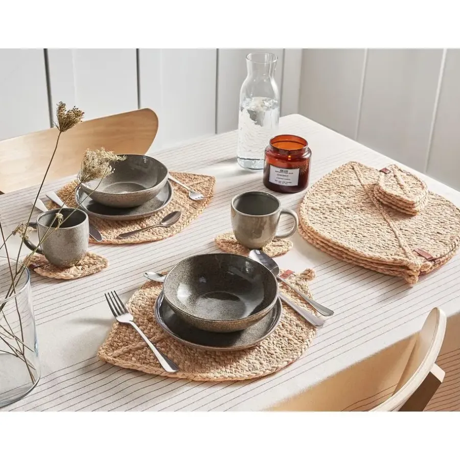 Leen Bakker PEPPERLEAF - Set van 12 placemats en onderzetters - Natuurlijk - Jute