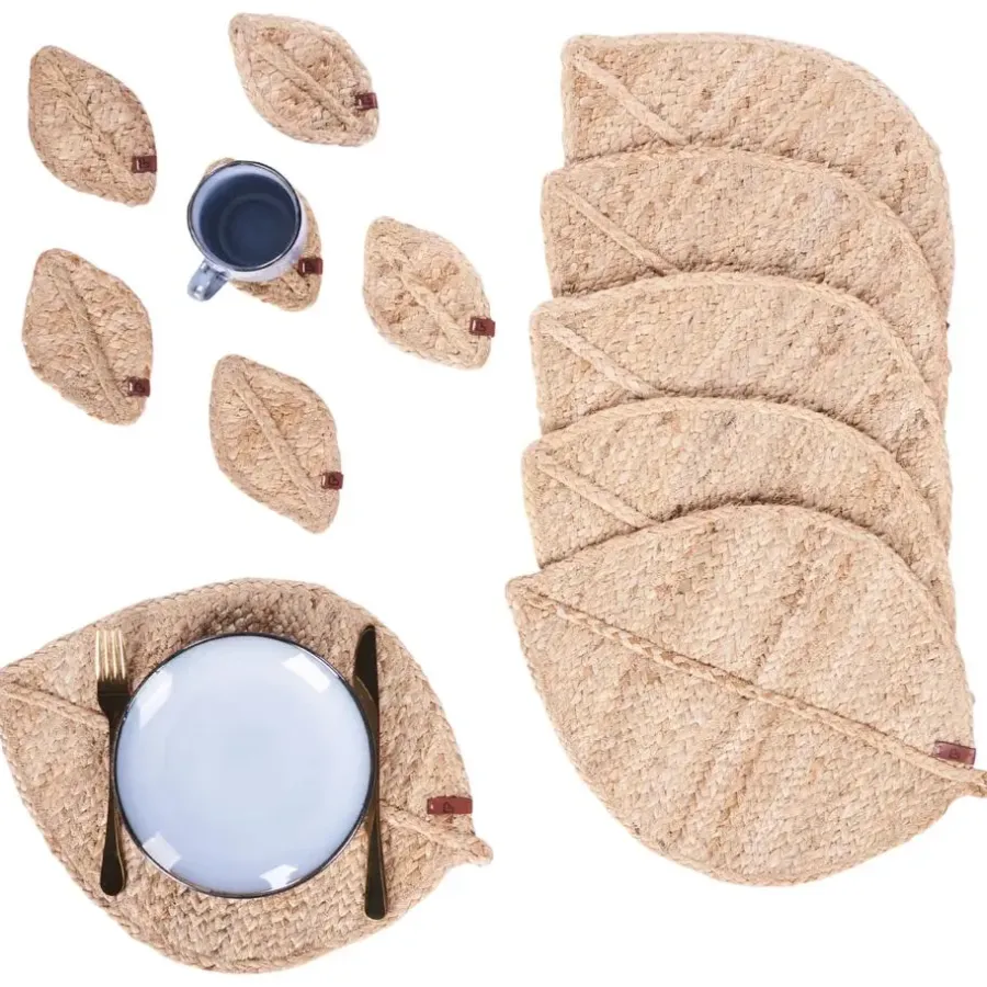 Leen Bakker PEPPERLEAF - Set van 12 placemats en onderzetters - Natuurlijk - Jute