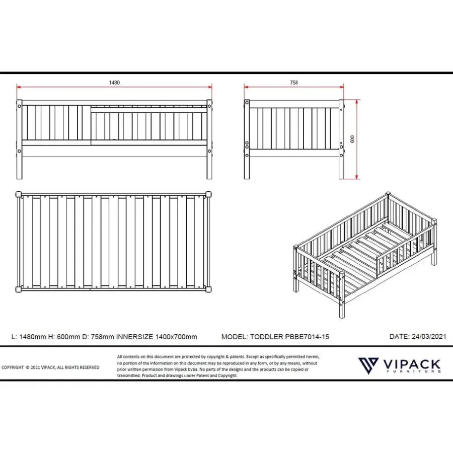 Vipack Peuterbed Petronille 70 x 140cm dennenhout - grijs