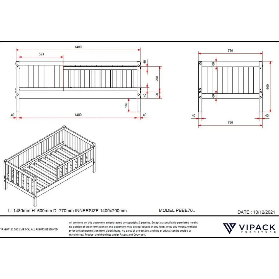 Vipack Peuterbed Petronille 70 x 140cm dennenhout - wit