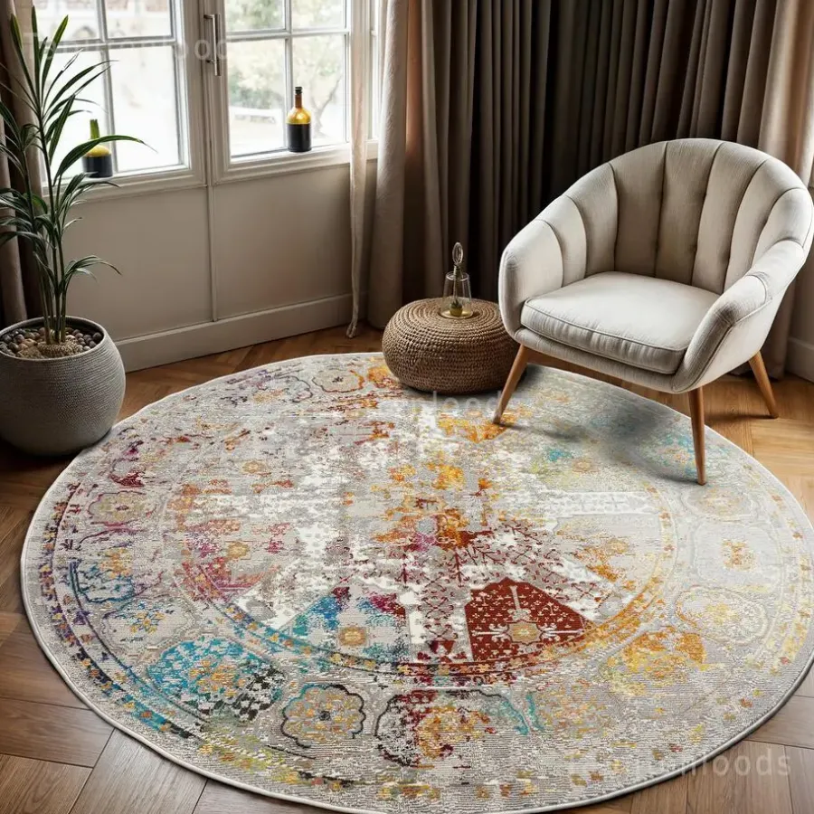 Laagpolige Vloerkleden|Ronde Vloerkleden-Muratap Picasso Feraghan Vintage Rond Vloerkleed Multi / Beige Laagpolig - 200 CM ROND