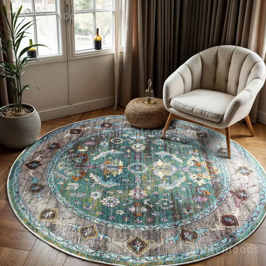 Ronde Vloerkleden-Muratap Picasso Pablo Vintage Rond Vloerkleed Groen / Multi Laagpolig - 160 CM ROND