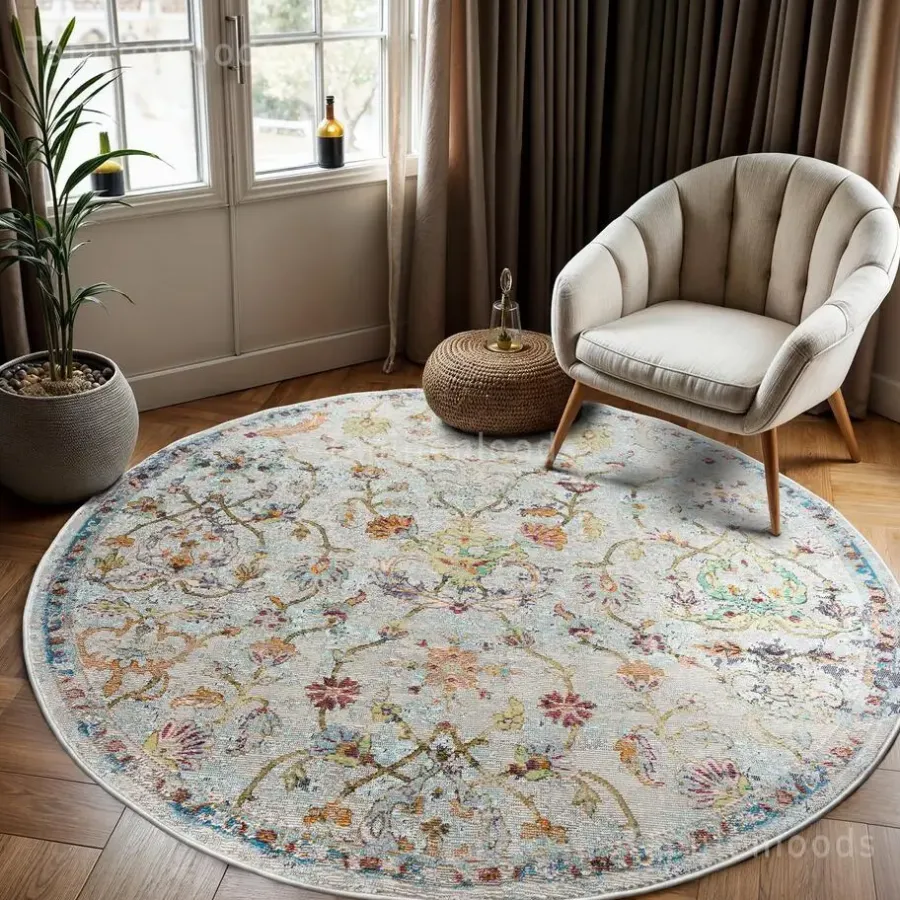 Muratap Picasso Sarough Vintage Rond Vloerkleed Creme / Beige Laagpolig - 133 CM ROND
