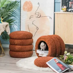 Nordlys Poef met terracotta krullen en houten basis