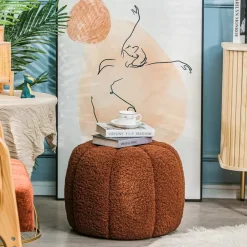 Poefen-Nordlys Poef met terracotta krullen en houten basis