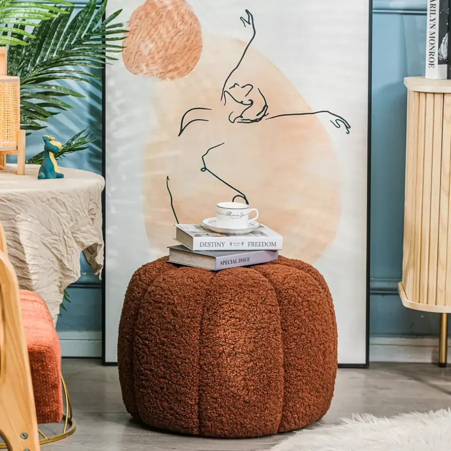 Poefen-Nordlys Poef met terracotta krullen en houten basis
